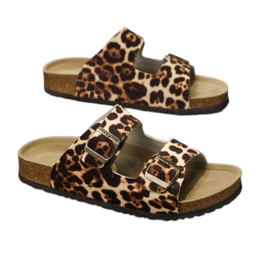 Image of Gyios Sandals Men Unisex Leopard Print Double Buckle Cork Slides, Anti-slip Flat Open Toe Casual Slippers For Summer Beach Outdoor Wear-leopard Print-44