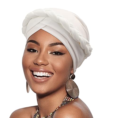 AQOKKA Turbantes africanos para mujer, turbantes para dormir, envoltura para el cabello preatada, 1 paquete trenzado trenzado: blanco, Talla única