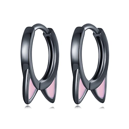 Black Cat Small Hoop Earrings Sterling Silver 925 Cute Animal Pet Pink Ears Cartilage Tragus Earrings Tiny Round Huggie Hoops Statement Earrings Fashion Jewelry for Women Girls