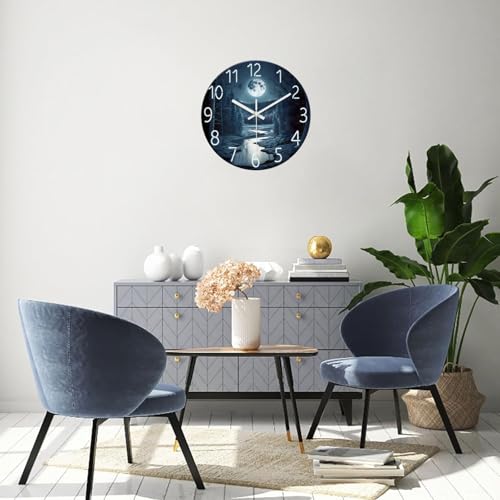 Image of XFM Modern Glass Wall Clocks Battery Operated 16 Inch | Moon Night Silent Non Ticking Dark Blue Forest Nature Landscape Decorative for Kitchen Living Room Office