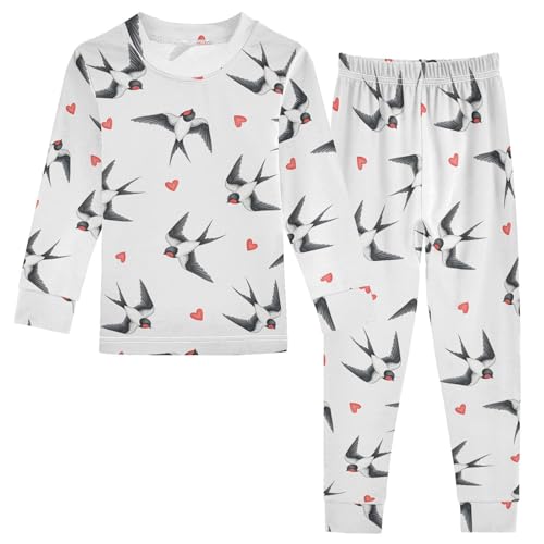 Pajama Sets Long Sleeve Birds and Hearts Pattern Soft Comfy Sleepwear 2 Piece PJS 3-8T