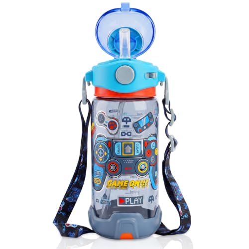 YOYTOO Kids Water Bottle with Straw/Strap for School Kids Girls Boys, 22oz BPA Free Child Drinking Water Bottle One-Click-Open Leak-Proof Locking Flip Lid for School Sport Travel