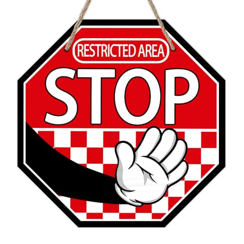 Image of Deroro Restricted Area Stop Front Door Sign, Red Octagon Warning Notice Sign Wood Door Hanger Outdoor Outside Decor, Wooden Wreath Indoor Home Office Business Wall Hanging Decoration