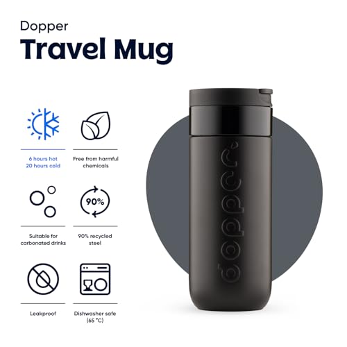 Dopper Travel Mug Thermobecher 400 ml Blazing Black - Auslaufsicherer Isolierbecher für kohlensäurehaltige Getränke, 6h warm / 20h kalt, 90% recycelter Edelstahl – Bild 3