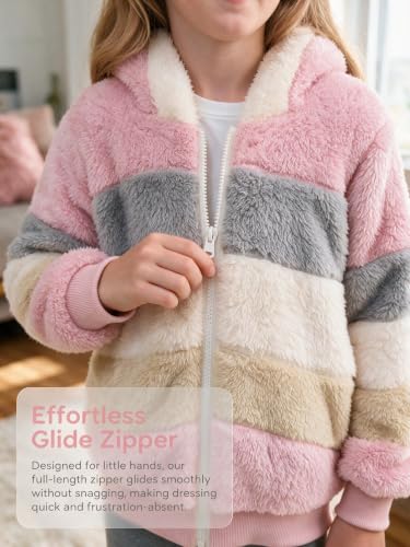 Image of Girls Fleece Jackets Kids Sherpa Fuzzy Zip up Hoodie Fall Winter Contrast color Pullover Sweatshirt 4-12 Years
