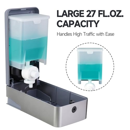 Image of anydry Liquid Hand Soap Dispenser Wall Mounted 27oz Large Capacity Silver | Durable ABS Material, Flexible Installation, Ideal for Commercial Bathroom, Easy Refill Wide Opening