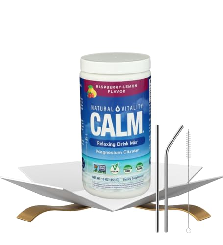 Natural Vitality Calm Magnesium Powder — Vitamin Calm Raspberry Lemon (16oz) Bundle with Straw for Relaxing Magnesium Drink and Daily Hydration Support — Gift Set (2 Items)