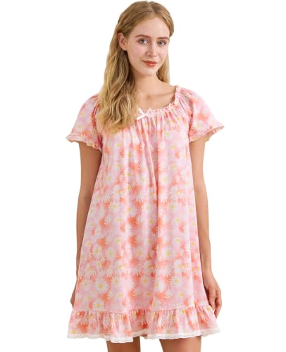 Image of Nanxson Women's Cotton Nightgown Short Sleeve Sleepwear Vintage Nightshirt | Summer Victorian Sleepdress,White Sleepshirt,U Neck Lace Loungewear,Soft Nightshirt,Loose Loungedress,Bride Nightwear