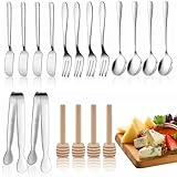 Jutieuo Charcuterie Board Accessories, 18 Pcs Silver Stainless Steel Spreader Knives Set Include Mini Serving Tongs, Cheese Butter Knives, Spoons, Forks, Honey Dippers