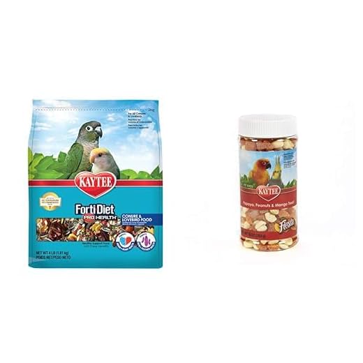Kaytee Forti-Diet Pro Health Pet Conure & Lovebird Food, 4 lb Fiesta Papaya, Peanuts and Mango Treat for Pet Birds, 10 oz Jar Bundle