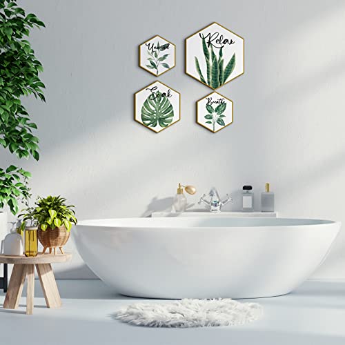 Hoteam Set Of 4 Botanical Plant Bathroom Decor Wall Art Gold Framed Relax Soak Unwind Breathe Green Leaf Bathroom Wall Decors Boho Tropical Bathroom Painting Art Print Wood Watercolor Wall Posters #TOP5