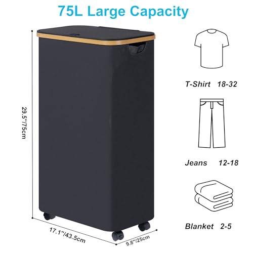 Image of efluky Slim Laundry Basket with Wheels, Narrow Rolling Laundry Hamper with Lid and Removable Bag, Aesthetic Dirty Clothes Hamper on Wheels for Laundry Room, Bedroom, Dorm and Bathroom, 75L Dark Black