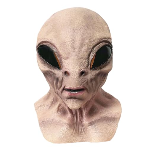 Harseyleam Alien Mask Latex Horror UFO Full Head Dress Up Mask for Adults Halloween Headdress Party Props - Light Brown