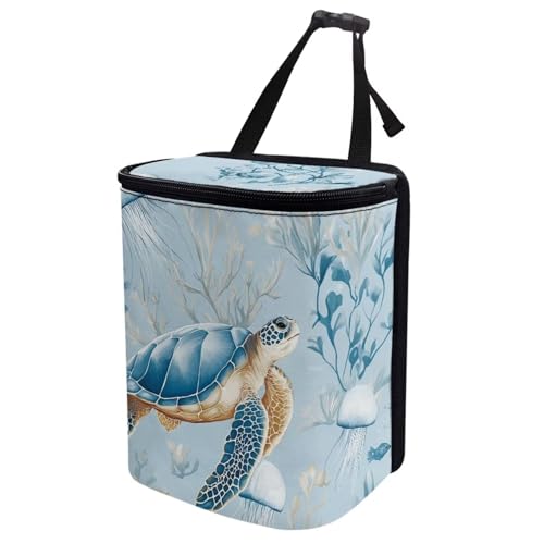 Image of Talayituse Turtle Jellyfish Coral Print Car Trash Can with Lid, Leak Proof Auto Trash Bag Hanging Vehicle Garbage Can Multipurpose Storage Container for Back Seat Road Trip