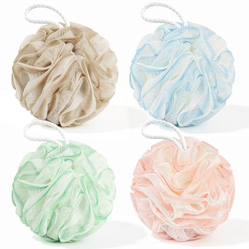 Yolaist Loofah Sponge 4 Pack, Exfoliating Body Scrubber for Shower, Soft Bath Sponges with Hanging Loop, 60G Gentle Loofah for Women Men (Pastel Colors)