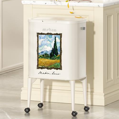 MRBIN Metal Kitchen Trash Can with Wheel Legs, 36L / 9.5gal Medium Press Lid Slim Removable Waste Basket, Pet Proof Tall Narrow Garbage Pail for Vanity, Bedroom, Bathroom, Living Room, Wheatfield