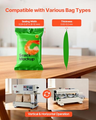 VEVOR Kontinuierliche Versiegelungsmaschine, 6-12 mm Siegelbreite, Vertikal, mit Rollendruck, Siegelmaschine Temperatur & Geschwindigkeit einstellbar, passend für 0,03-0,8 mm Plastikbeutel