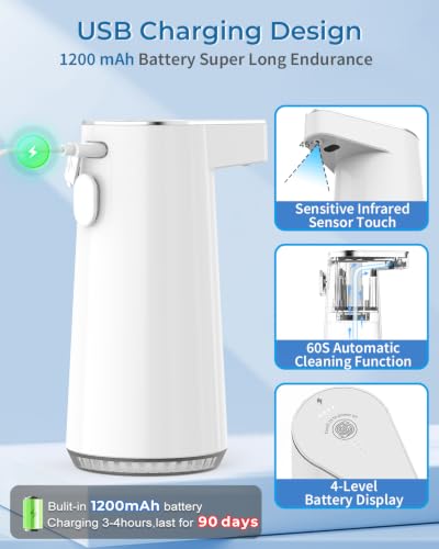 Image of Automatic Soap Dispenser, Sensor Hand Wash Dispenser with 1200mAh Battery, 3-Speed Adjustable Foaming Handwash Dispenser with Auto-Clean, Touchless for Home Bathroom, Office, Kitchen