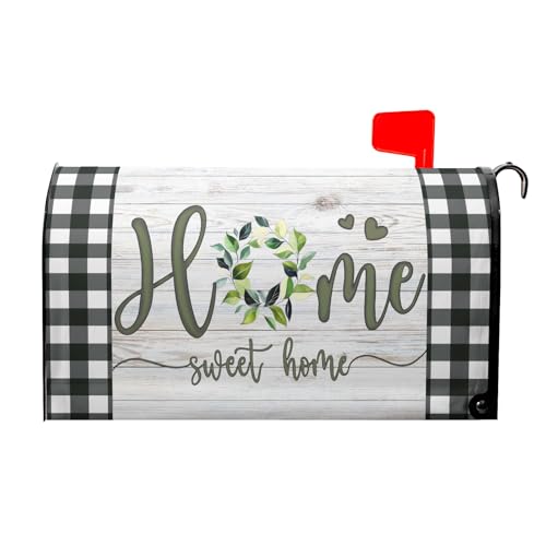 Image of Home Sweet Home Magnetic Mailbox Cover, Spring Leaf Buffalo Plaids Decorative Waterproof Mailbox Wrap Letter Post Cover for Garden Yard Outdoor Outside, 21x18in Standard Size