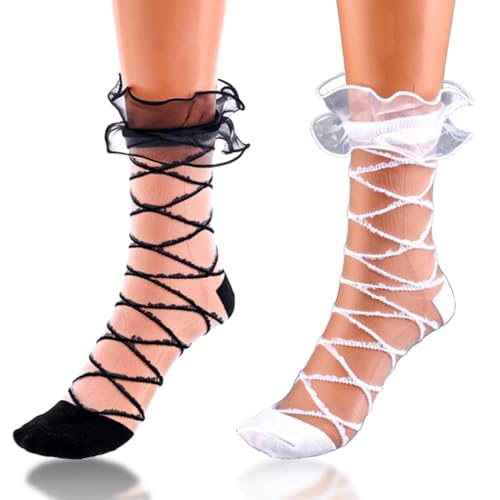 Ruffle See Through Socks - Sheer Tulle Cool Mesh Ankle Socks (2 Pairs, Black)