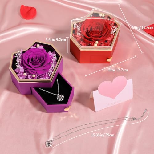 Emibele Preserved Real Red Rose Heart Box with Heart Necklace