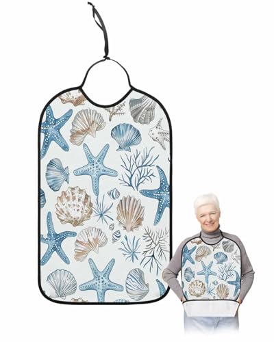 Nautical Coastal Adult Bib for Adults Men,Women,Retro Blue Starfish Shell Conch Marine Seaweed Washable & Adjustable Terry Cloth Bib with Crumb Catcher Reusable Clothing Clothes Protector Apron