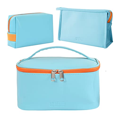 FITINI 3 Pieces Makeup Bag for Women Travel Toiletry Bag Portable Cosmetic Pouch Organizer with Girls Small Brush Holders Zipper Waterproof Storage Case,Light Blue