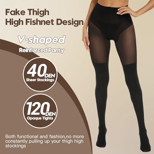 MANZI Black Faux Thigh High Opaque Tights Goth Mock Over Knee Stockings High Waist Warm Fake Sheer Pantyhose for Women3