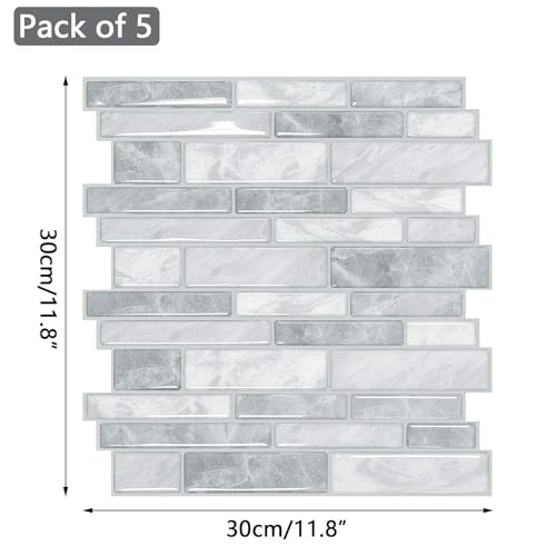 Yoillione 10 Sheets Peel and Stick Wall Tiles for Kitchen, Waterproof Backsplash 3D Vinyl Self Adhesive with Marble Brick Effect, Grey for Bathroom, 12"x12"
