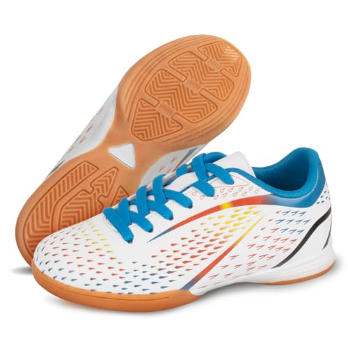 Linkidea Kids Indoor Soccer Shoes, Rubber Outsole Soccer Boots, Futsal Training Soccer Cleats for Boys and Girls (White)