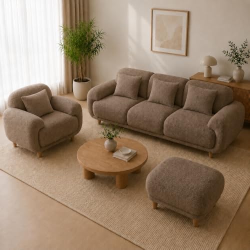 Image of Modern Classic Teddy Boucle Fabric Sofa for Living Room Bedroom Reception and Office 3+1+Ottoman Sofa for Living Room (Taupe)