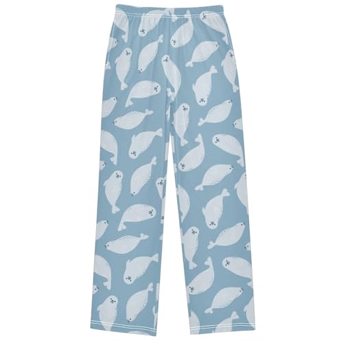 Boy's Pj Pants Cute White Fur Seals Swimming Lounge Bottoms Elastic Waist Kids Joggers with Pockets Size 6-14
