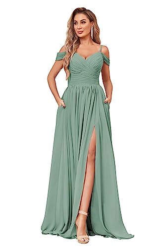 Image of BOLENSYE Off the Shoulder Bridesmaid Dresses with Pockets Ruched Chiffon Long Slit Formal Evening Gown