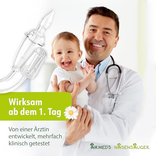 Nasensauger Baby. Original Airmed's Nasensauger. KLINISCH GETESTET, sicher und sanft. Nasensekretsauger mit 2 Saugköpfen & Gratis Reinigungsbürste. Für jeden Staubsauger geeignet
