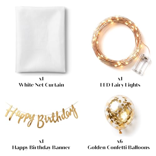 Image of Just Party Happy Birthday Decoration Kit - 21 Pcs with Balloons for Birthday Decoration, Net Curtain for Backdrop & Fairy Lights | Happy Birthday Banner & Decoration Kit
