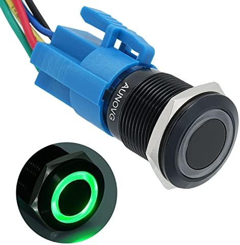 AUNOVG 19mm Latching Push Button Switch - Easy Installation, 12V Waterproof Switch, Multiple Wiring Optionsas for Automotive Switches, Marine Switch On Off, PC Power Button(Black Shell,Green Switch)