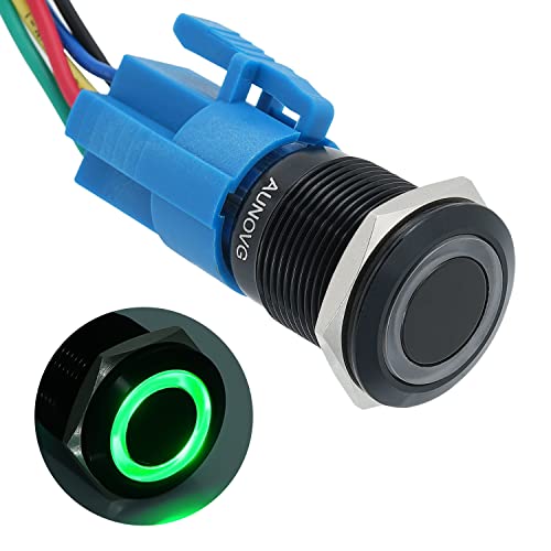 Aunovg 19Mm Latching Push Button Switch - Easy Installation, 12V Waterproof Switch, Multiple Wiring Optionsas For Automotive Switches, Marine Switch On Off, Pc Power Button(Black Shell,Green Switch) #TOP26