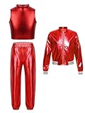 Yhong Conjunto de 3 piezas para niña, ropa de baile hip hop, con capucha, camiseta sin mangas, pantalones para correr, para niños, metálico, chándal, con purpurina, informal, ropa de calle, rojo, 122
