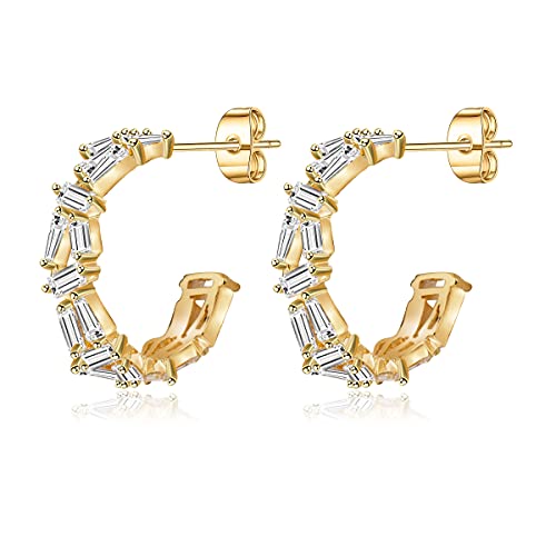 Gold Statement Hoop Earrings for Women 14k Gold Plated Crystal Cubic Zirconia Chunky Half Hoop Earrings Faux Diamond Baguette Open Hoop Earrings with Sterling Sliver Post