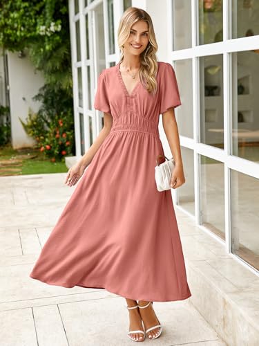 Image of Simplee Women's Summer Flowy Midi Dress Casual V Neck Short Sleeve Empire Waist Boho Beach Dress Wedding Guest Maxi Dress