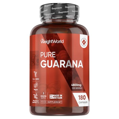 Guarana Capsules 4800mg - Caffeine Pills - 180 Capsules (3 Months Supply) - Rich in Bioactive Compounds - Travel-Friendly GMP-Approved & Vegan-Friendly Caffeine Supplements - Made in the UK