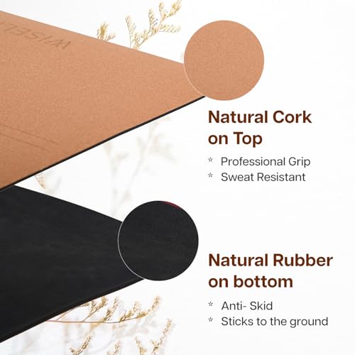 Wiselife Cork Natural Rubber Yoga Mat/Carry Strap (5MM | Extra Large Extra Wide | Anti skid Anti slip) for Yoga & Workout (Cork)