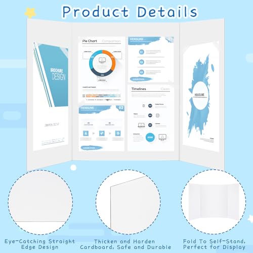 24\" x 16\" Trifold Poster Board, Straight Edge, 4 Count, Tri-Fold Corrugate Presentation Boards with Double Sided Tapes for School Projects, Science Fair, Exhibitions