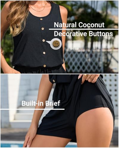 Image of Women Romper Swimsuit - One Piece Bathing Suit with Shorts with Pockets | Built-in brief, Modest, Boyleg, Padded bra, Drawstring, Full lining, Ribbed