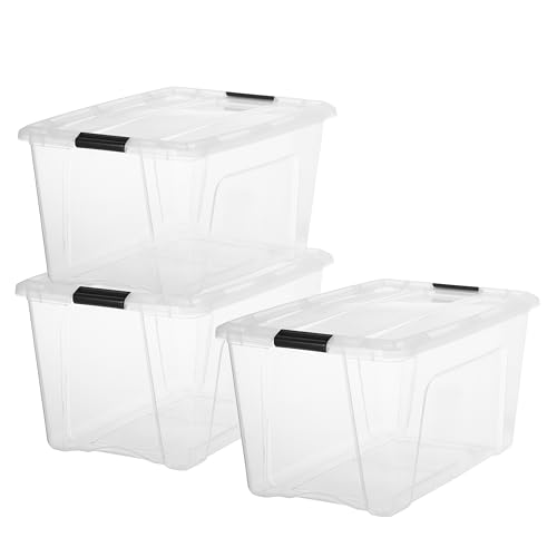 Iris Ohyama, Kunststoff-Aufbewahrungsbox mit Deckel, 45L, 3er-Set, Transparent, 98% recycelter Kunststoff, Verschlussclips, Griff, Stapelbar, Fürs Schlafzimmer, Ankleidezimmer, Büro, BPA-frei, BSB-45