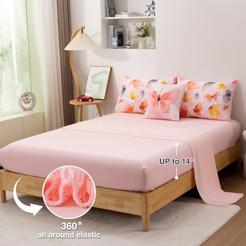 Image of A Nice Night 6pcs Bed in A Bag Watercolor Ink Wash Tie-Dye Butterfly Printed, Butterflies Bedding Comforter Set, Orange Full