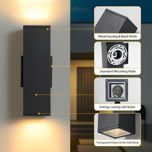 Image of 4 Pack LED Square Up Down Outdoor Wall Lights, Black Exterior Light Fixture | Bulb Incl., 3000K, Aluminum, 12'' Modern Outdoor Lights for House, Waterproof Outside Porch Sconce Light for Garage, Patio