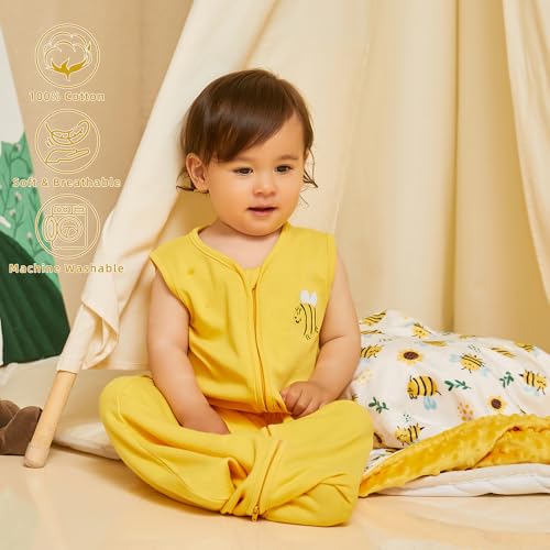 Image of DaysU Cotton Baby Sleep Sack, Sleeveless Baby Sleeping Bag with Two-Way Zipper, Embroidered and Printed Baby Wearable Blanket for Newborn Baby Girls 18-24 Months, 2-Pack, Yellow Bee, 0.5 TOG