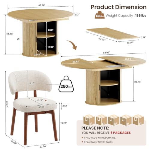 Image of MALOL 47 inch-63 inch Extendable Round to Oval Dining Table Chairs Set for 4-8, Modern Wooden Kitchen Table and Chairs with Hidden Storage and Fluted Design for Dining Room /Small Space(Natural Wood and Beige)