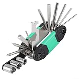 Juego de herramientas de reparación: multiherramienta compacta 16 en 1 con diseño plegable con construcción de acero al carbono galvanizado de alta dureza, ligera de 220 g y tamaño de 9 x 9 x 9 cm para un fácil transporte en el bolsillo o mochila durante paseos en montaña, carretera o en general para tipos de bicicleta